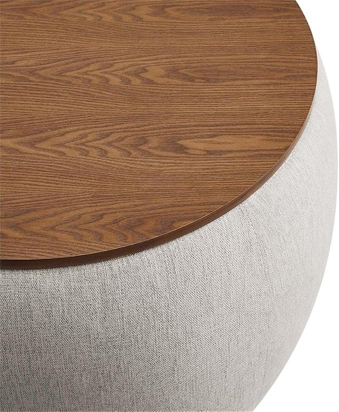Modway Perla 26 Inch Round Storage Ottoman with Tray Lid in Ivory Fabric -Heathered Fabric Ottoman - Versatile Footrest - Woven Coffee Table - Side Table - for Living Room