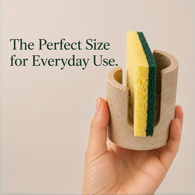 Natural Travertine Sponge Holder for Kitchen Sink – Solid Stone Cylinder Sponge Caddy with Dual-Height Cut-Out, Compact Countertop Sink Organizer & Modern Home Décor