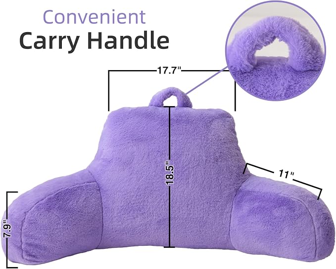 A Nice Night Faux Fur Reading Pillow Bed Wedge Adult Children Backrest with Arms Back Support for Sitting Up in Bed/Couch for Bedrest,Large Size,Light Purple