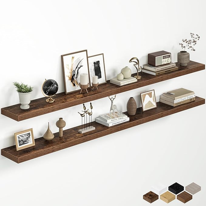 Fun Memories 72 Inch Floating Shelves for Wall, 8 Inch Deep Wall Mounted Wood Shelves with Invisible Brackets for Bathroom, Bedroom & Kitchen Storage Decor, Rustic Brown, 2 Pack