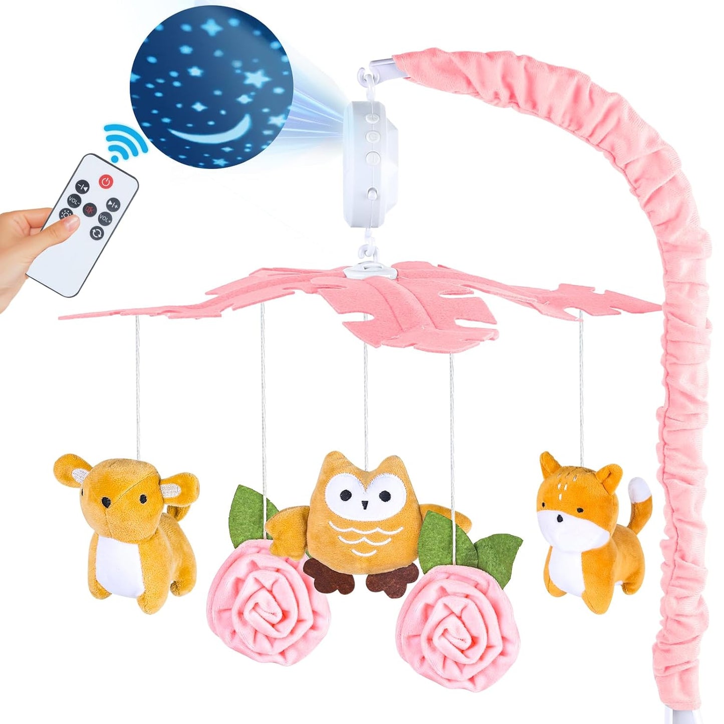 Baby Crib Mobile with Music and Lights, Mobile for Crib with Remote Control, Rotation, Starlight Projection, Crib Toys for Babies Boys Girls(Pink)