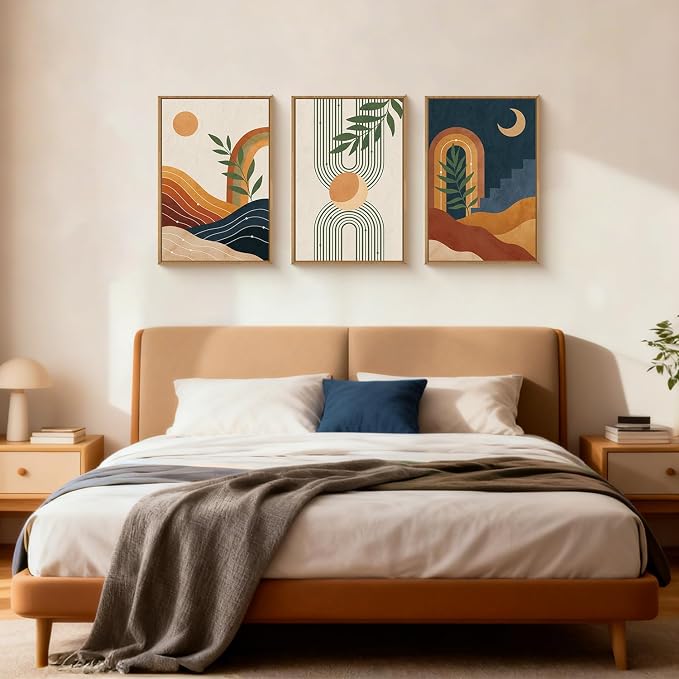 FWIEXA Vintage Boho Nature Framed Canvas Wall Art Set of 3, Minimalist Geometric Sun Moon Line Wall Prints, Abstract Green Leaf Painting,16x24In Modern Beige Navy Blue Artwork for Living Room,Bedroom
