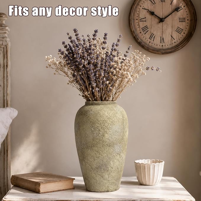 Ceramic Rustic Farmhouse Vase, 12 Inch Beige Flower Vases for Home Decor, Rustic Pottery Vase for Table Centerpieces & Living Room, Farmhouse Ceramic Vases for Entryway & Wedding Gifts