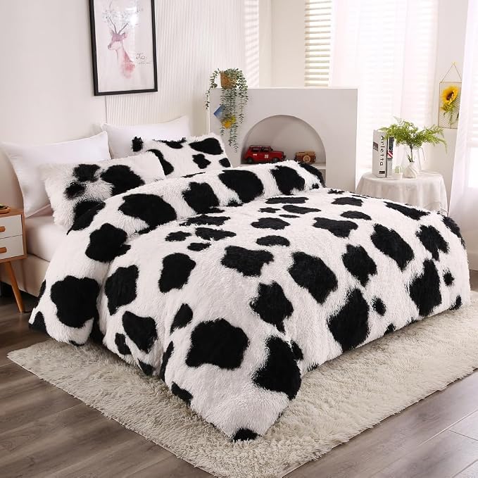 chovy Faux Fur Plush Tie-Dyed Cow Print Comforter Sets Twin/Full Size - Ultra Soft Shaggy Flannel Velvet Fluffy Fuzzy 3PC Bedding Set （Comforter x 1 Pillowcases x 2）