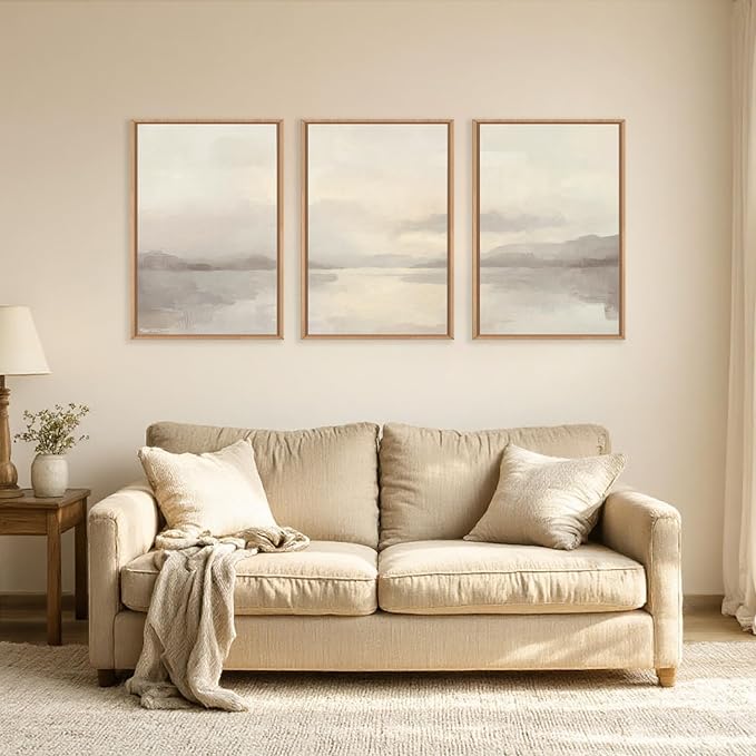 LHIUEM Large Abstract Neutral Beige Pastel Framed Canvas Wall Art,Modern Watercolor Lakes Wall Decor,Nature Mountain Minimalist Artwork for Living Room,Bedroom,Dining Room,Office -16"x24"x3