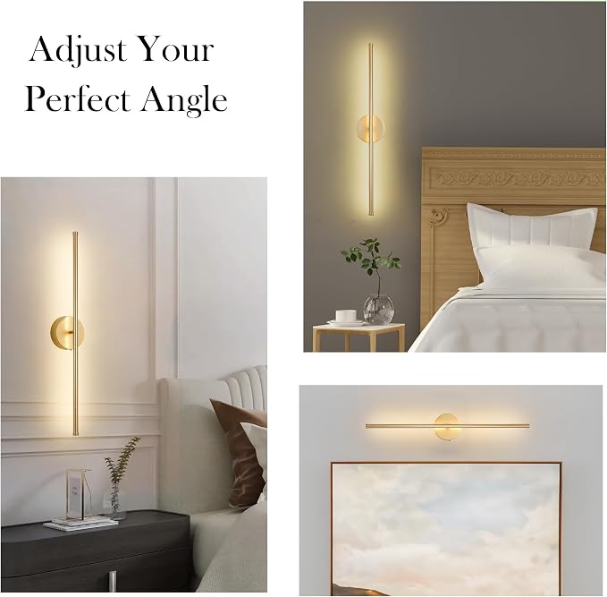 KARTOOSH Battery Operated Wall Sconces, Dimmable Wall Sconces Set of Two, 350°Rotate, 3000K LED Gold Wireless Wall Light for Living Room, Bedroom, Hallway, 24.4 Inch (2 Pack)