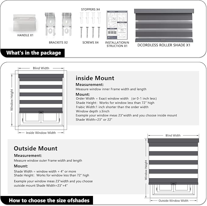AOSKY Cordless Zebra Blinds for Windows Pull Down Roller Window Shades Dual Layer Light Filtering Privacy for Day and Night, Free-Stop Door Shades for Home Easy to Install (58" W X 72" H, Grey)