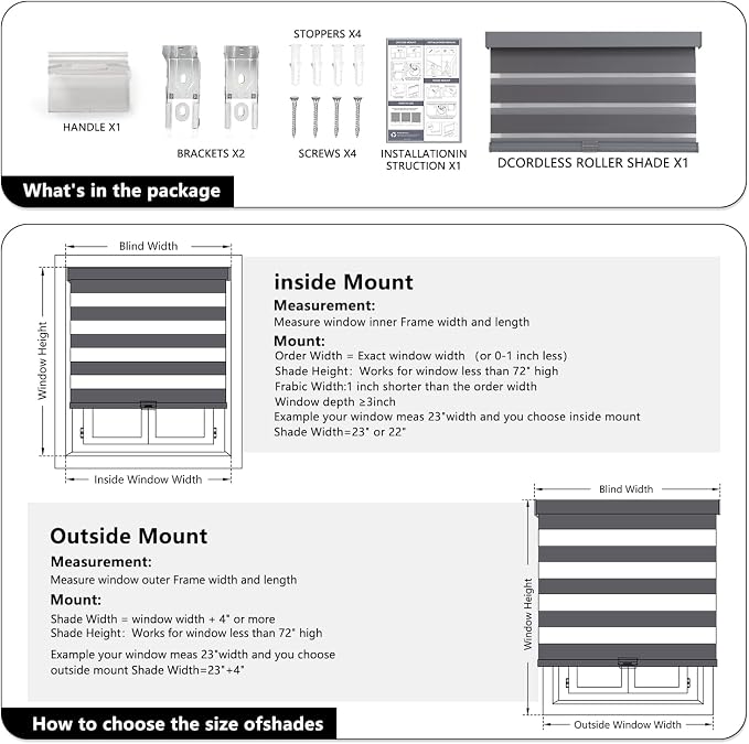 AOSKY Cordless Zebra Blinds for Windows Pull Down Roller Window Shades Dual Layer Light Filtering Privacy for Day and Night, Free-Stop Door Shades for Home Easy to Install (56" W X 72" H, Grey)