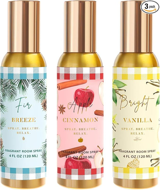 Room Spray, Bright Vanilla, Cinnamon Apple, Fir Breeze, 3 Pack, Each 4 fl oz, Concentrated Room Spray, Air Freshener for Home, Long-Lasting Odor Eliminator for Bathroom and Office