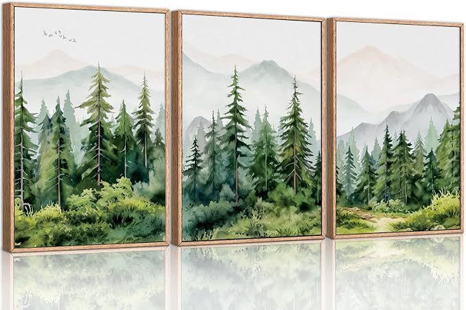 Boho Green Mountain Range Framed Canvas Wall Art Set, Watercolor Pine Tree Wall Decor, Foggy Forest Woodland Wall Painting, Modern Wilderness Art Print for Living Room, Bedroom, Office 24"x36"x3