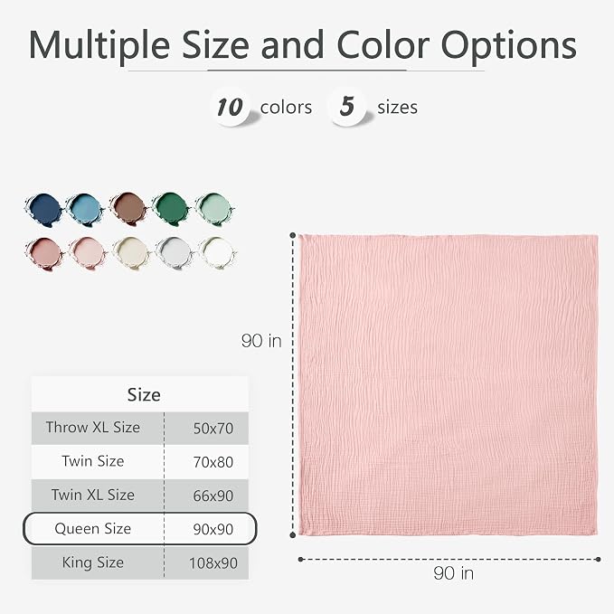 Carriediosa 100% Cotton Muslin Throw Blanket 90" X 90" Queen Size，4-Layers Summer Gauze Throws for Bed Couch，Soft Lightweight Breathable Linen Blankets Bedspread for Adults All Season，Dusty Pink