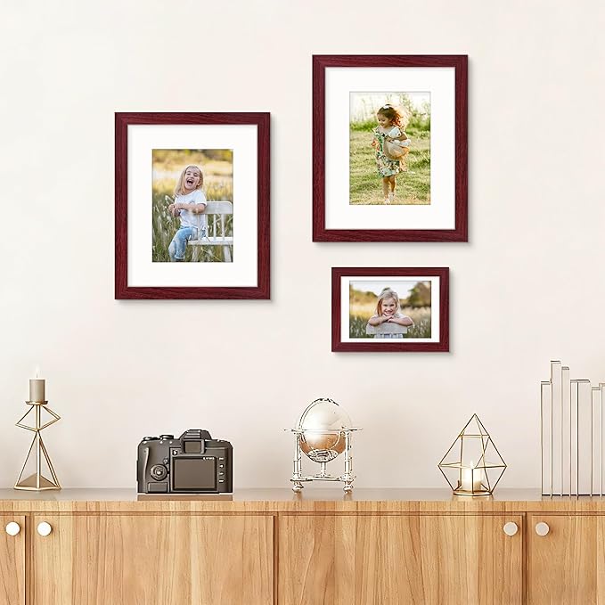 Picrit 8x10 Picture Frame Set of 12, Display 5x7 with Mat or 8x10 without Mat, Photo Frames for Wall Mounting or Table Top Display, Dark Red Wood