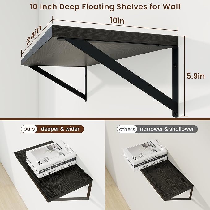 Axeman 10 Inch Deep Black Floating Shelves for Wall Set of 2 | 24 Inch Black Wood Shelves for Books, 24'' x 10'' Black Shelves for Living Room Bathroom Kitchen