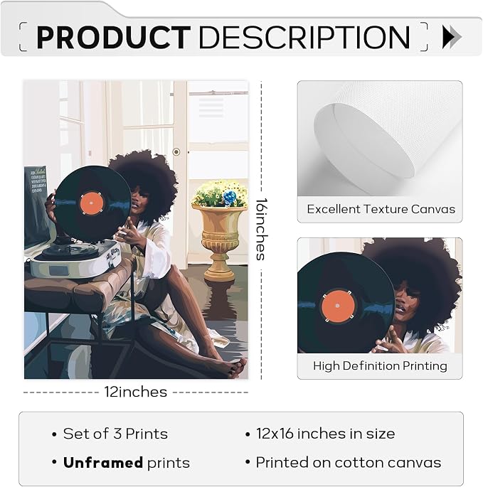 Black Woman Wall Art African American Women Canvas Wall Decor Black Girl Poster Fashion Female Wall Art Feminine Abstract Pictures Boho Prints for Bedroom Bathroom 12x16 Inch Unframed Set of 3