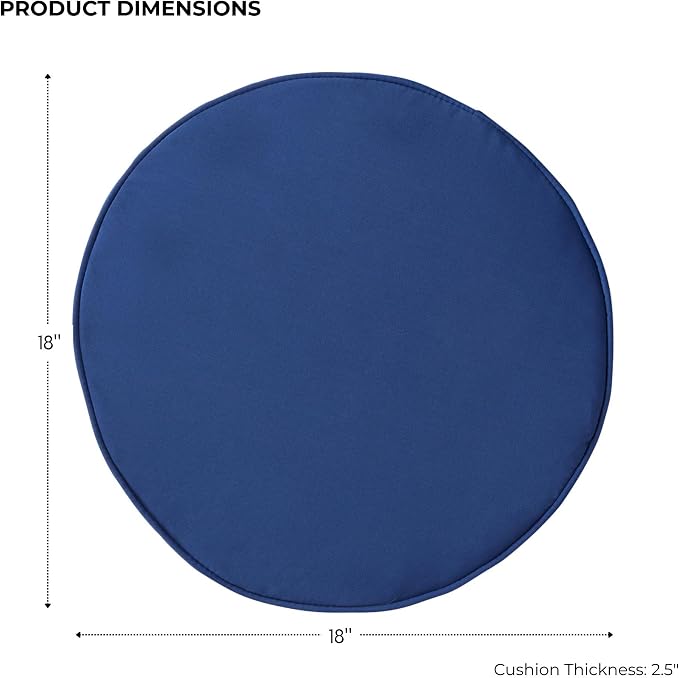 Set of 2 Outdoor 18 inch Round Patio Dining Chair Pads – Comfortable Fiber-Filled Seat Cushions with Ties, Reversible Polyester Fabric, Marine Blue
