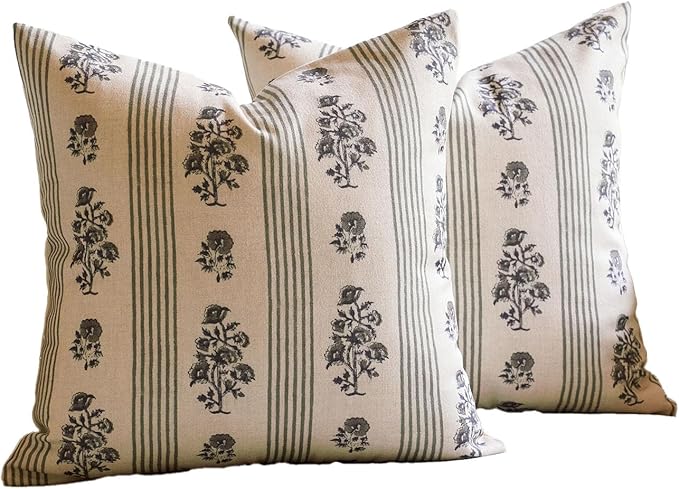 Amor Virisso Floral Throw Pillow Covers 24x24 Set of 2 Block Print Pillow Covers Neutral Floral Striped Farmhouse Decorative Pillow Covers for Sofa Couch Bed, Dusty Green