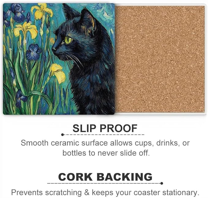 Drink Coasters for Drinks Set of 6, Art and Black Cat Absorbent Square Ceramic Stone Mat Coaster, with Cork Base and Metal Holder, Home Bar Decor House Warming Gift