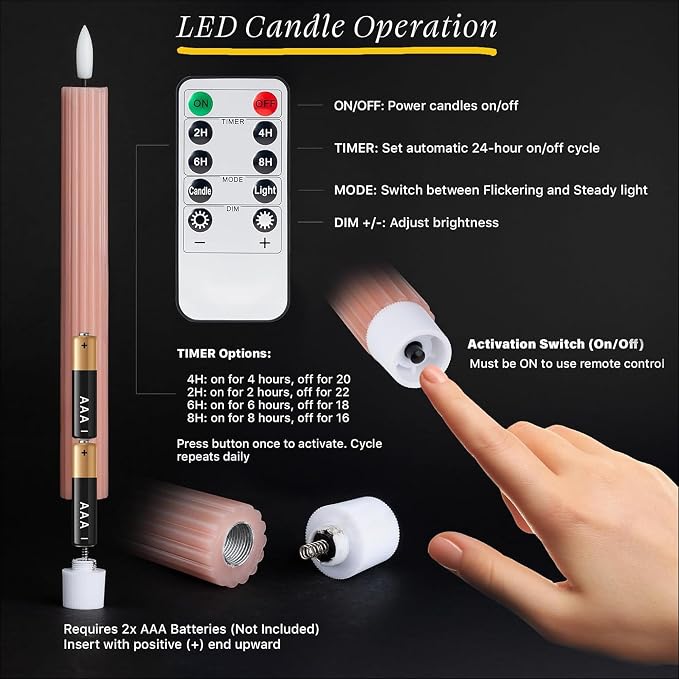 6 Pack, 10" LED Flameless Real Wax Dusty Rose Fluted Ribbed Grooved Taper Candles, Remote & 24h Timer Memory, On/Off Button, Dimmable, Flicker Mode, Battery Operated, Wedding