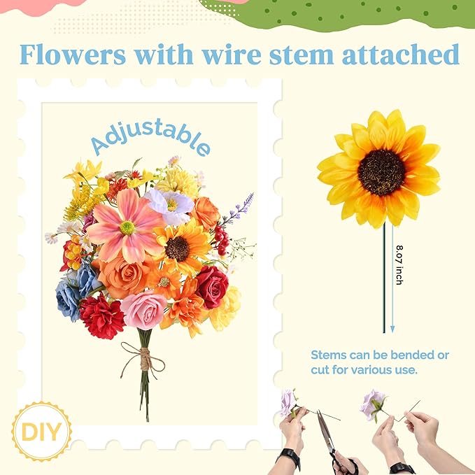 Artificial Flowers Combo Box, 31PCS Fake Flowers, Silk Flower Mix with Wire Stem, DIY Wedding Bridal Bouquet for Arrangement, Shower Party Home Décor, Warm Rainbow