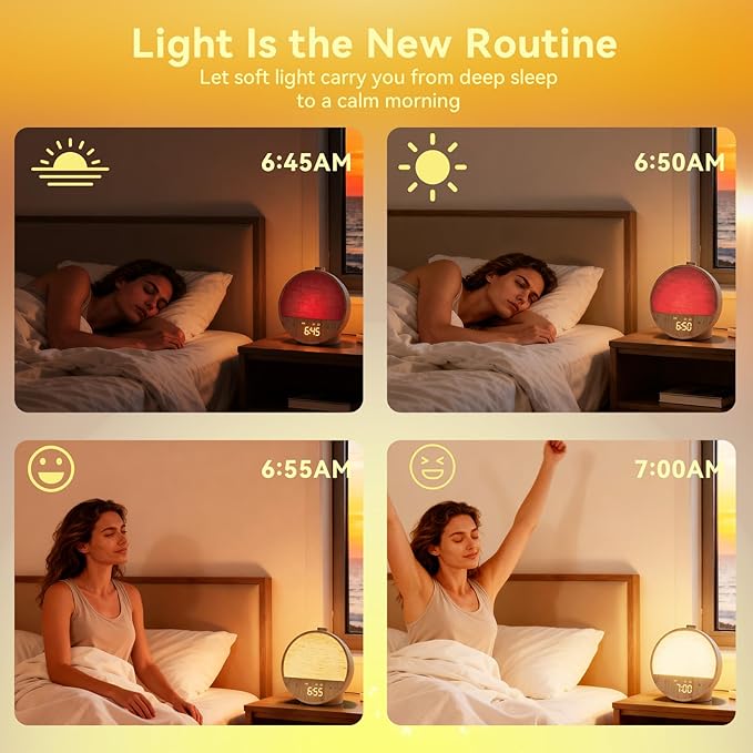 Vivilumens Sunrise Alarm Clock with Sound Machine, Gentle Wake-Up Light, Dual Alarms for Heavy Sleepers Adults, Dimmable RGB Mood Light Digital Alarm Clocks for Bedrooms, Wood Grain