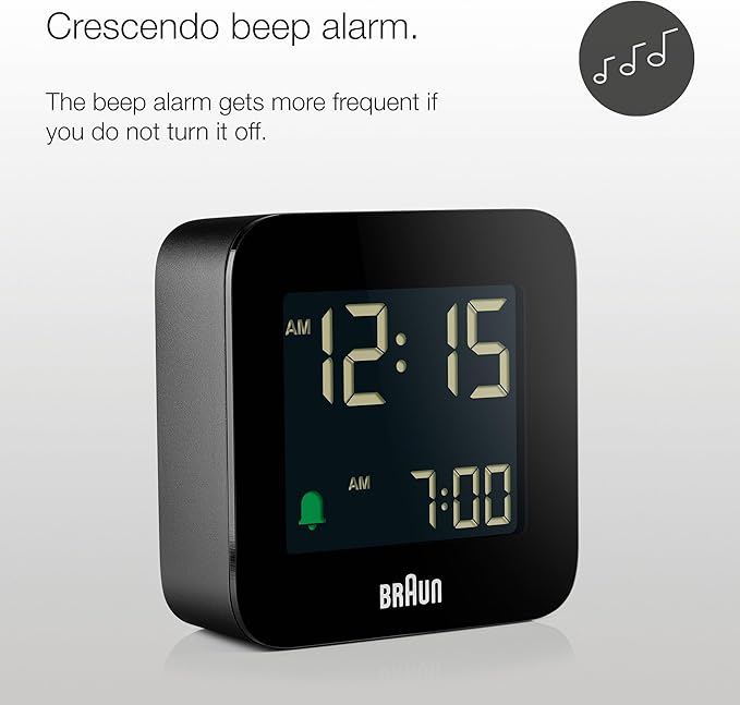 Braun Digital Travel Alarm Clock with Snooze, Compact Size, Negative LCD Display, Quick Set, Crescendo Beep Alarm in Black, Model BC08B (1-Pack)