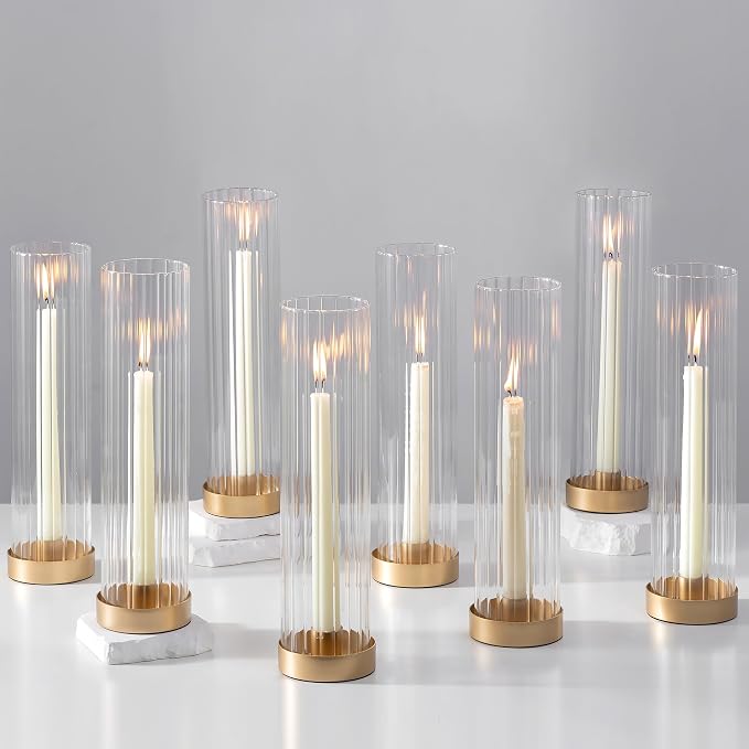 Hewory Hurricane Glass Candle Holders: Set of 8 Gold Candlestick Holders with 11" Tall Clear Cylinder Hurricane Cover, Taper Candle Holder for Wedding Table Centerpiece Party Christmas Home Decor