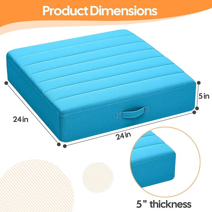 MeMoreCool Square Floor Pillow Seating for Adults Kids, Large Meditation Cushion Floor Pillow with Thick Foam & Soft Tufted Cover, Washable Big Pillow Seat Floor Cushion for Sitting Yoga 24" Blue