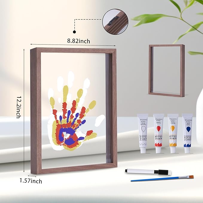 CHERRY CHEERS Family Handprint Kit, DIY Craft Keepsake Wooden Frame, Endless Gift Set, Non-Toxic Paints, Transparent Sheets (Brown)