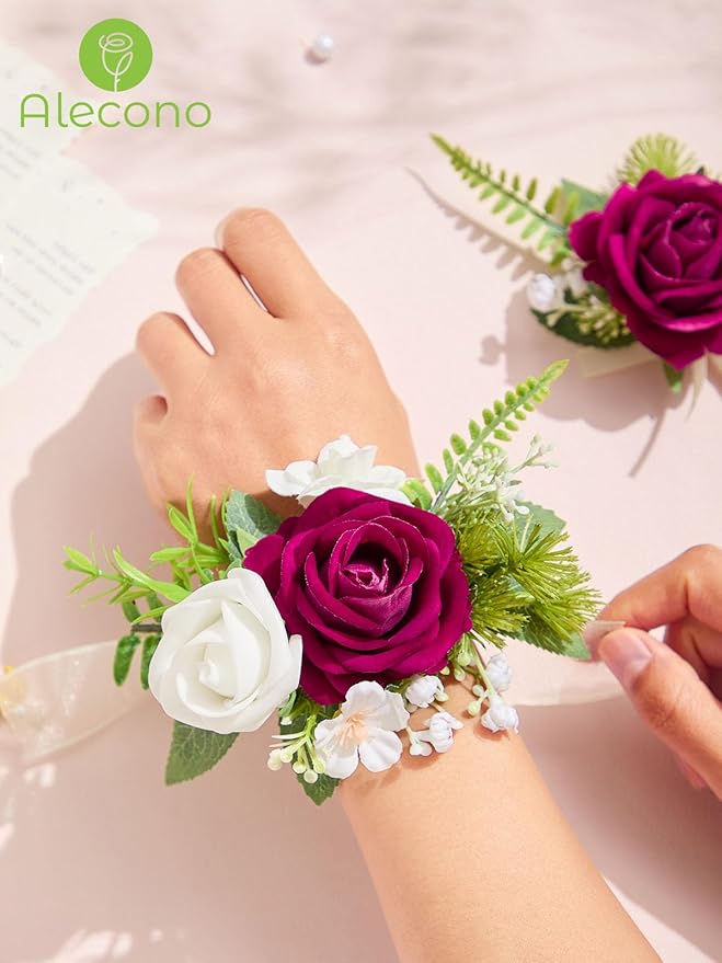 Alecono Fuchsia Corsage and Boutonniere Set, Hot Pink Corsage Wristlet for Bridesmaids, Boutonniere for Groom Groomsmen, Prom Wedding Accessories Suit Decorations