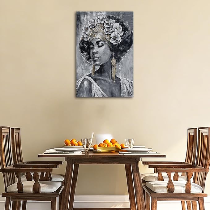 ZUNARE Vertical Ethnic Woman Wall Art Grey Gold Abstract Figure Canvas Painting Contemporary Cultural Artwork for Living Room Hallway Office 32x48inch