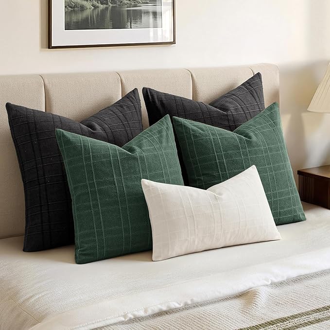 MIULEE Decorative Linen Check Throw Pillow Covers Neutral Farmhouse Vintage Spring Pillow Covers 18x18 Set of 2 Boho Modern Home Decor for Sofa Couch Bedroom Cushion Dark Green
