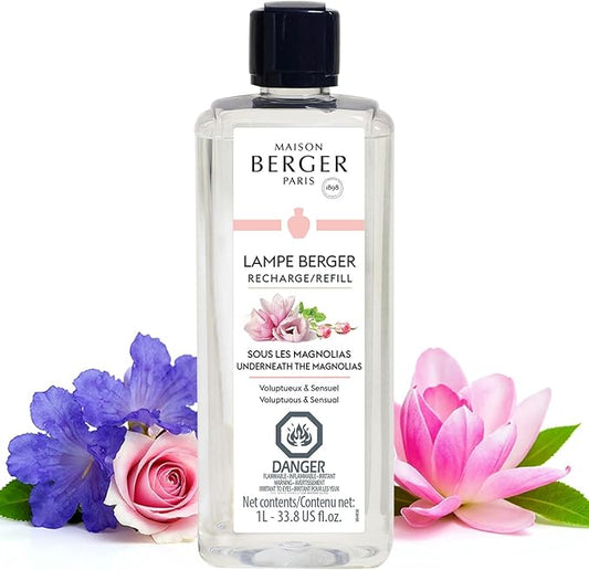 Maison Berger Underneath The Magnolias Lampe Berger Refill, 1 Liter (33.8 fl oz), 2-in-1 Catalytic System, Neutralizes Odors and Diffuses Fragrance, Damask Rose, Lemon, Arabian Rose, Made in France
