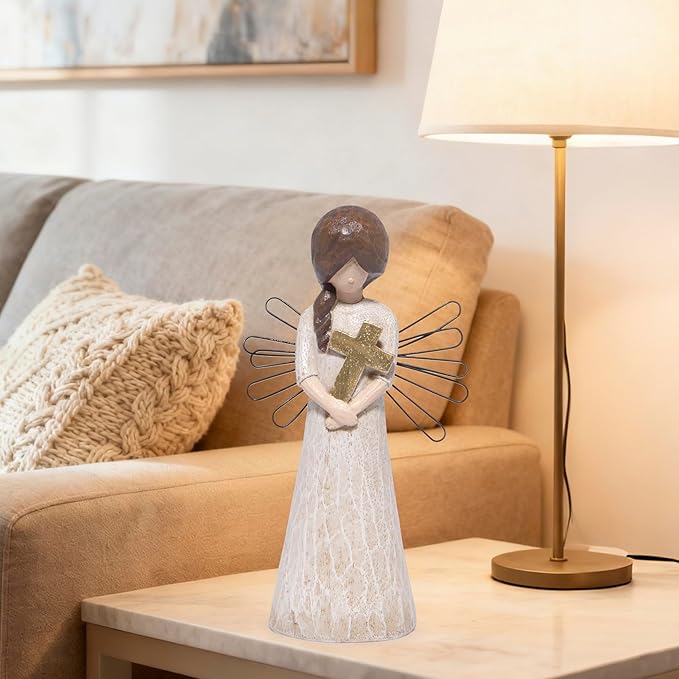 Hodao Angel Figurine with Cross, 5.1" Resin Guardian Angel Ornaments for Home Decorations, Sympathy & Memorial Decor, Indoor Tabletop Religious Figurines, Faith Gift for Women Mom Friends