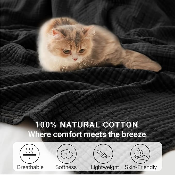 100% Cotton Muslin Blanket California King 120" x 90", 6 Layers Breathable and Lightweight Oversized Blankets for Bed, Soft Cooling Gauze Blanket for Adults All Season, Black