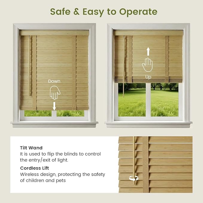 2" Cordless Bamboo Blinds,Indoor Windows Horizontal Blackout Wood Blinds, Room Darkening Window Shades for Interior Bedrooms, Living Rooms, Offices Natural 38.5" W x 72" H