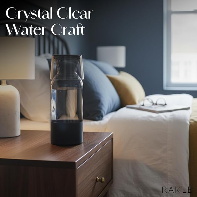 RAKLE Bedside Water Carafe & Glass Cup Set, 700cc 24oz Nightstand Decanter for Bedroom Kitchen Office, Glass Carafe Set for Home, Matte Black