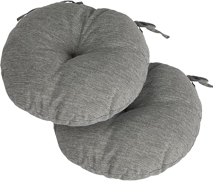 Magpie Fabrics Outdoor 15"x15"x4" Round Bistro Seat Cushions with Ties Set of 2, Tufted Waterproof Patio Floor Chair Pads for Home Garden Balcony Kitchen Office Porch, Heather Grey