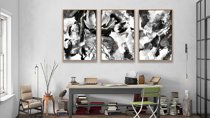 Large Abstract Wall Art for Living Room Natural Wood Float Framed Art Set of 3 Black and White Pictures Artwork Modernism Canvas Prints for Bedroom Kitchen Home Office Wall Decor 24"X36"X3