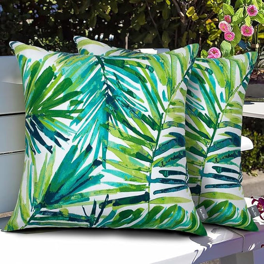 Magpie Fabrics Patio Pillow with Insert 18"x18", Set of 2, Fade-Resistant Outdoor Indoor Cushion Decorative Throw Pillow Decoration for Couch Garden Furniture - Green Palm Leaves