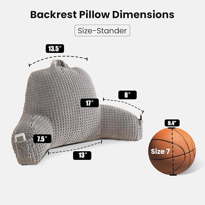 Reading Pillow with Arms for Sitting in Bed,Backrest,Gray Flannel,M | 17" Backrest with Arms Supports Back for College Students,Elbows & Forearms for Dorm Reading,Gaming,Watching TV