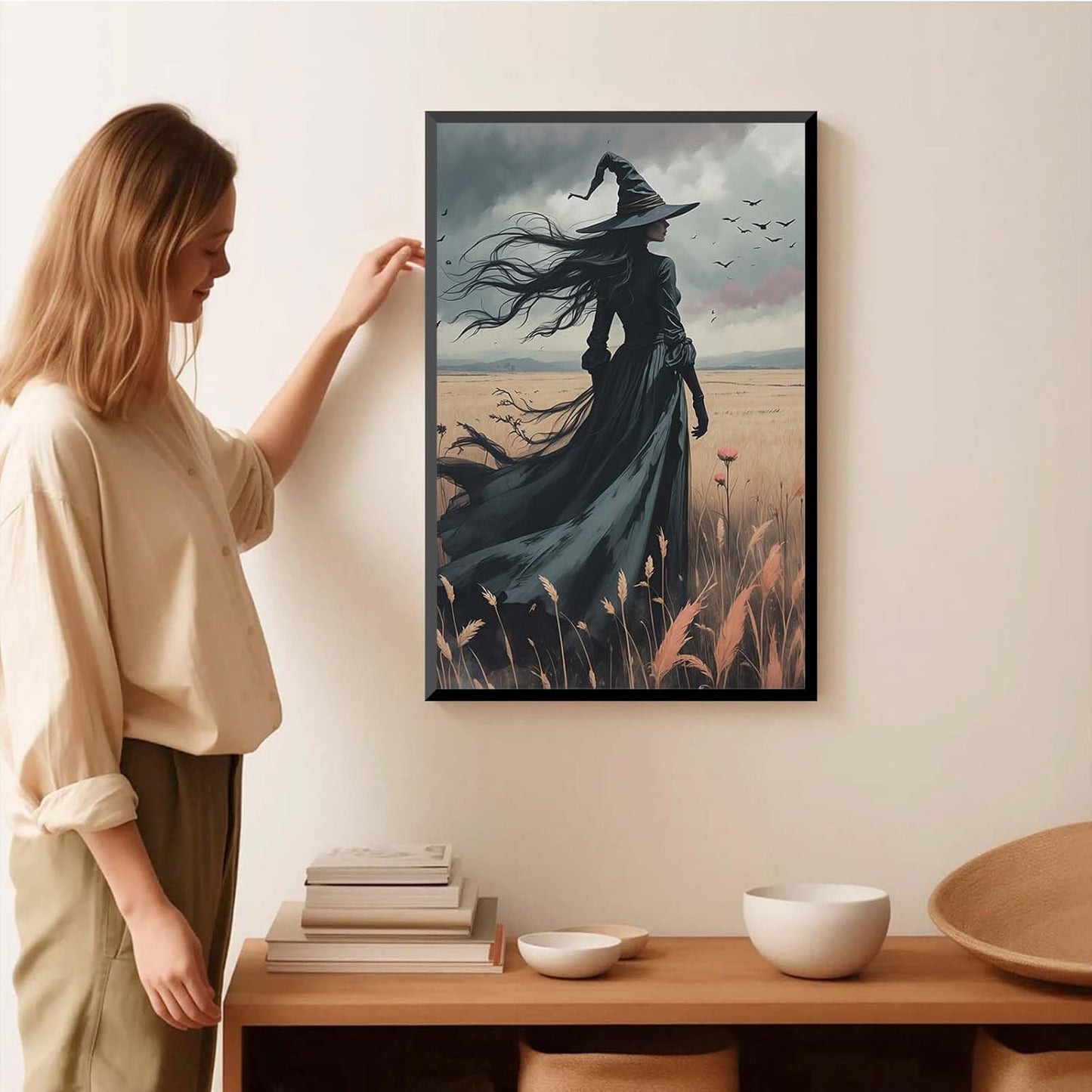 JFHCQJPK Gothic Decor Canvas Wall Art Witch in Rice Field Halloween Art Decor Print Nature Print Victorian Home Bedroom16x24in Metal blackFramed