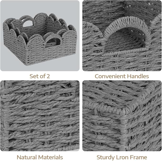 Graciadeco Scalloped Wicker Basket Natural Paper Rope Storage Baskets with Handles Handwoven Organizer Bin Wicker Storage Baskets for Home Decor, Organizing, 2 Pack (Grey)