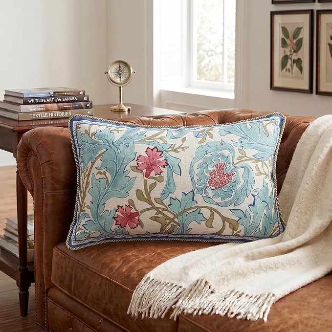 patdrea Designer Vintage Linen Throw Pillow Cover,12"x20",Set of 2-Fromm A | Luxury Decorative Pillow Case with Zipper,Blue Floral Pattern,Pillow Cover for Couch Living Room Bedroom Sofa