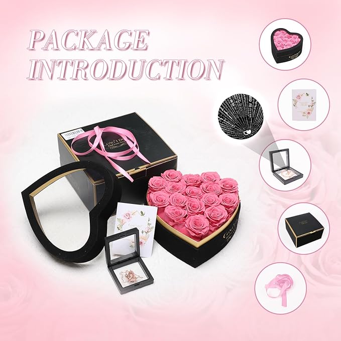 Casaido Preserved Roses Flowers for Delivery 16 Pcs, Mothers Day Rose Gifts for Her, Forever Flores in Heart Box with Necklace, Anniversary Birthday Christmas Vanlentines Gift for Wife Mom, Pink