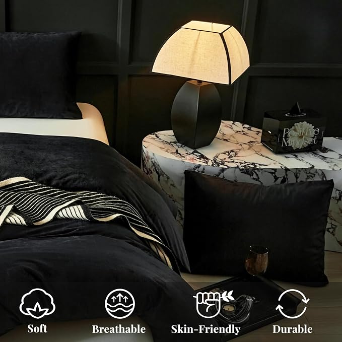 WARMDERN Black Flannel Velvet Duvet Cover Queen Size Duvet Cover Bedding Sets, 3pcs Ultra Soft Luxury Textured Modern Crystal Velvet Duvet Covers with Zipper Closure(Black, Queen)