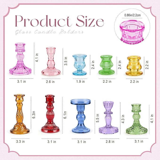 Mumufy 10 Pcs Glass Crystal Taper Candle Holders Clear Glass Candlestick Holder Fit 0.8 Inch Candles Crystal Decorative Candle Stand Centerpiece Table Wedding Dining Party (Classic,Colorful)