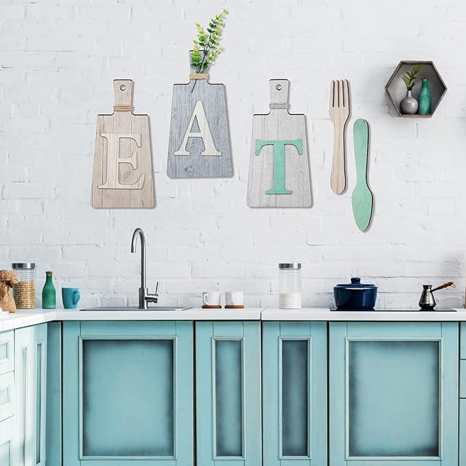 Jetec Cutting Board Eat Sign Set Hanging Art Kitchen Eat Sign Farmhouse Fork and Spoon Wall Decor Rustic Primitive Country Kitchen Decor for Home over Cabinet Decoration(Beige, Dark Gray, Gray White)