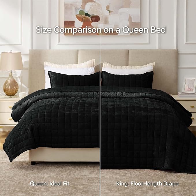 BEDELITE Velvet Quilt Set King Size - Luxury Soft Velvet Comforter Bedding Set for All Season, Lightweight Quilted Box Stitch Oversized Bedspread Coverlet with 2 Matching Shams, Black