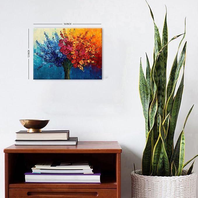 Colorful Flower Wall Art Teal Red Orange Wildflower Painting Abstract Texture Botanical Picture Canvas Prints for Living Room Floral Poster Modern Framed Artwork Bathroom Bedoom Home Decoration 12x16