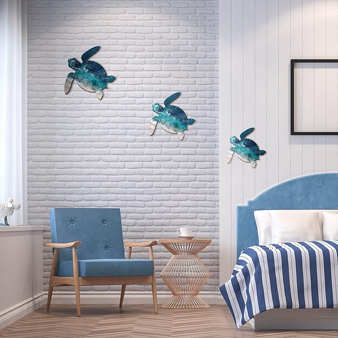 Bucherry 3 Sizes Wooden Sea Turtle Wall Decor Turtle Wall Art Beach Theme Art Decorations Vintage Coastal Ornaments for Pool Home Lake House Bathroom Garden Indoor Outdoor(Dark Blue)